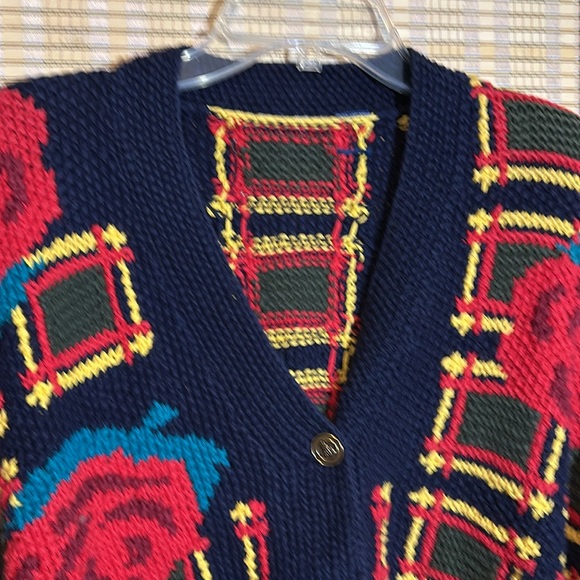 Vintage 1990s Black Chunky Knit Cardigan Square Large Floral Print Roses No Tags - Picture 2 of 16